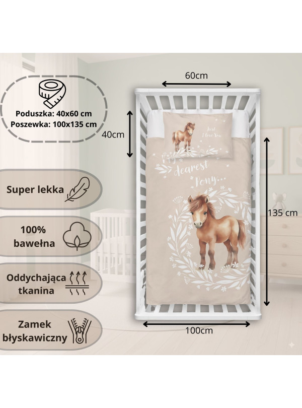 POŚCIEL DO ŁÓŻECZKA 100x135 BEŻOWA Z KONIEM 5137_A