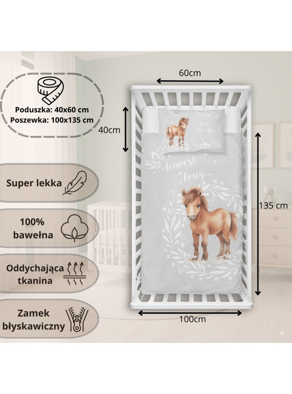 POŚCIEL DO ŁÓŻECZKA 100x135 SZARA Z KONIEM 5137_B