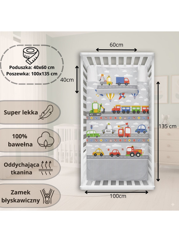 POŚCIEL DO ŁÓŻECZKA 100x135 SZARA AUTA 5139_B