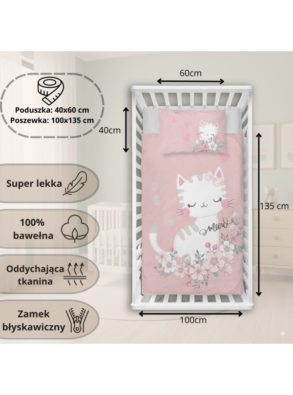 POŚCIEL DO ŁÓŻECZKA 100x135 JASNO RÓŻOWA KOTEK 5136_B