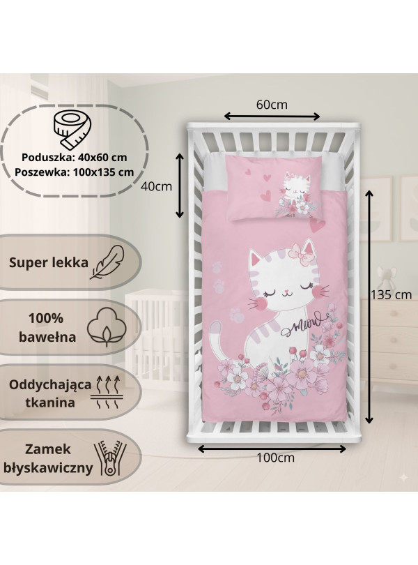 POŚCIEL DO ŁÓŻECZKA 100x135 RÓŻOWA KOTEK 5136_A