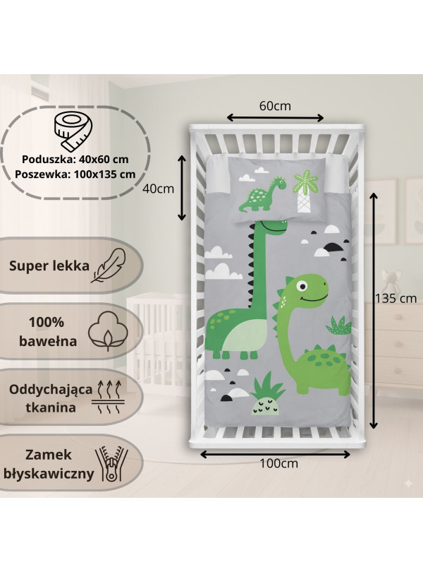 POŚCIEL DO ŁÓŻECZKA 100x135 SZARA DINOZAURY 5135_B