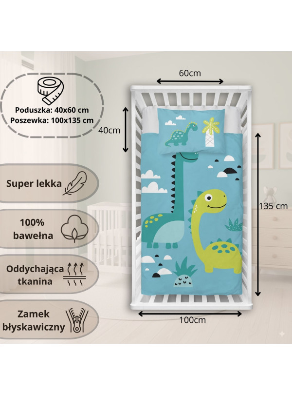 POŚCIEL DO ŁÓŻECZKA 100x135 NIEBIESKA DINOZAURY 5135_A