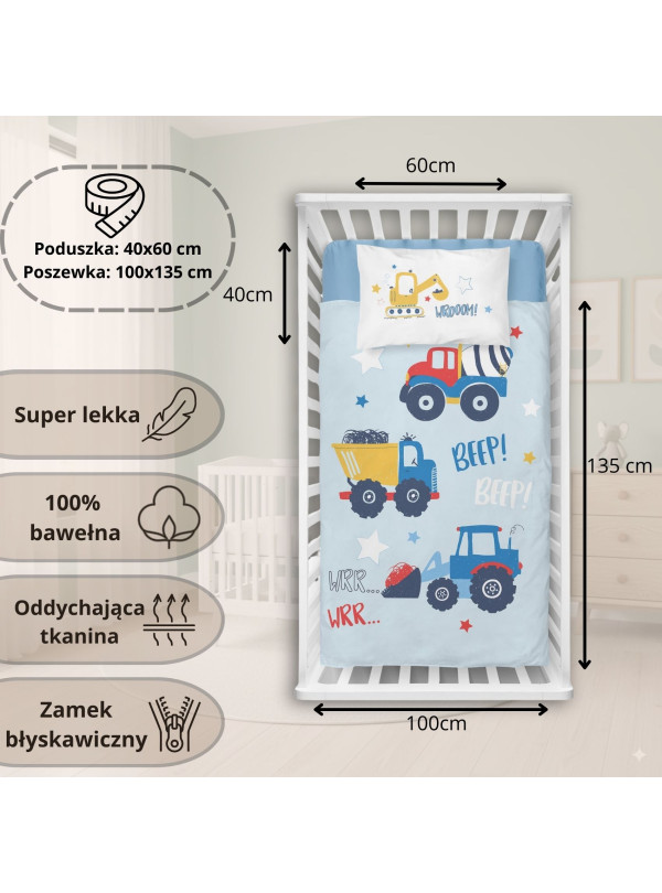 POŚCIEL DO ŁÓŻECZKA 100x135 NIEBIESKA CIĘŻARÓWKI 5134_A