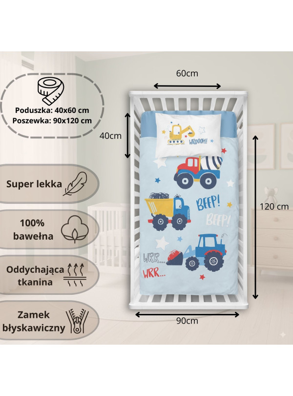 POŚCIEL DO ŁÓŻECZKA 90x120 NIEBIESKA CIĘŻARÓWKI 5134_A