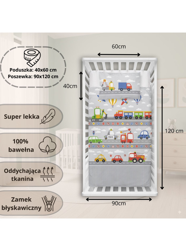 POŚCIEL DO ŁÓŻECZKA 90x120 SZARA AUTA 5139_B