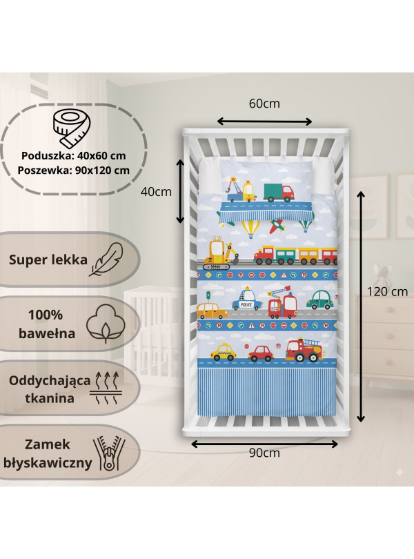 POŚCIEL DO ŁÓŻECZKA 90x120 NIEBIESKA AUTA 5139_A