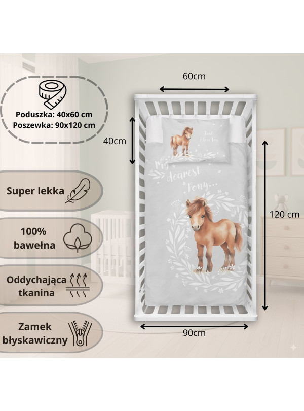 POŚCIEL DO ŁÓŻECZKA 90x120 SZARA Z KONIEM 5137_B