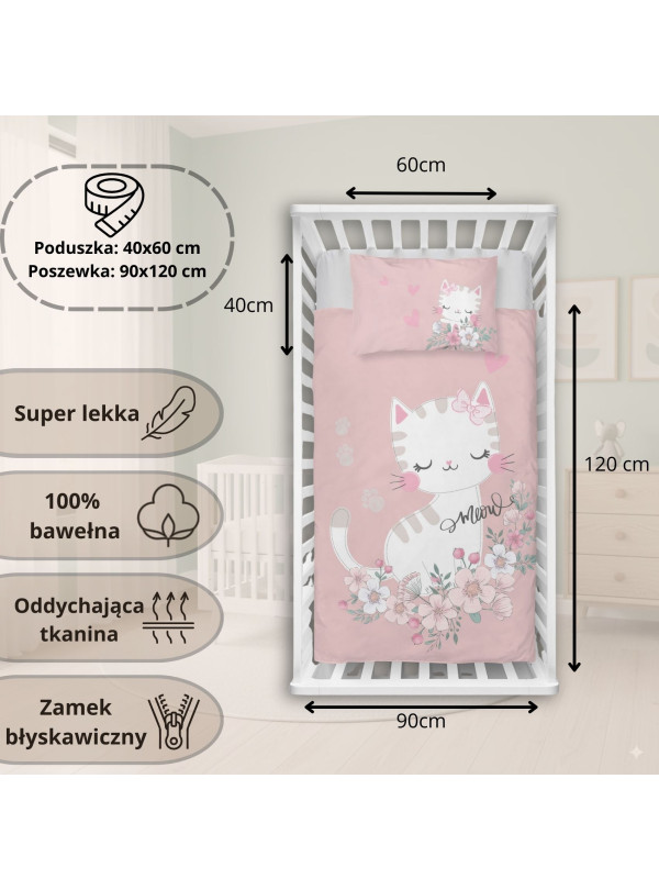 POŚCIEL DO ŁÓŻECZKA 90x120 JASNO RÓŻOWA KOTEK 5136_B
