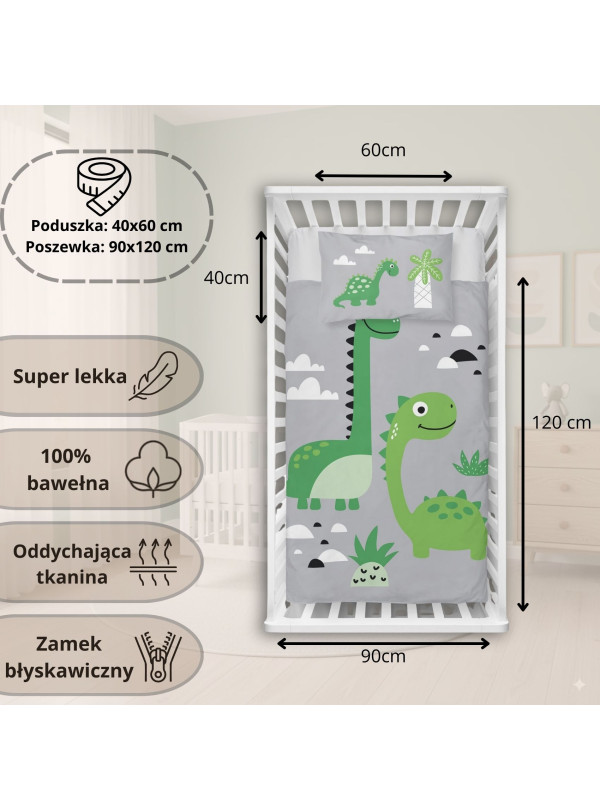 POŚCIEL DO ŁÓŻECZKA 90x120 SZARA DINOZAURY 5135_B