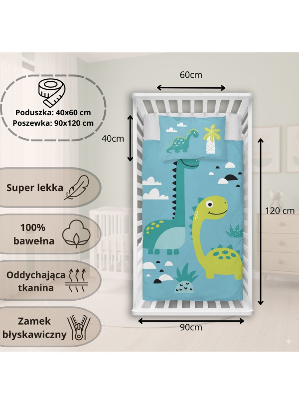 POŚCIEL DO ŁÓŻECZKA 90x120 NIEBIESKA DINOZAURY 5135_A