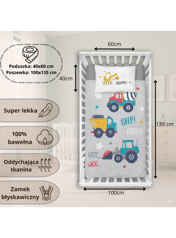 POŚCIEL DO ŁÓŻECZKA 100x135 SZARA CIĘŻARÓWKI 5134_B