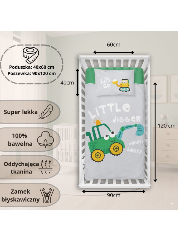 POŚCIEL DO ŁÓŻECZKA 90x120 ZIELONA KOPARKA 3956_A