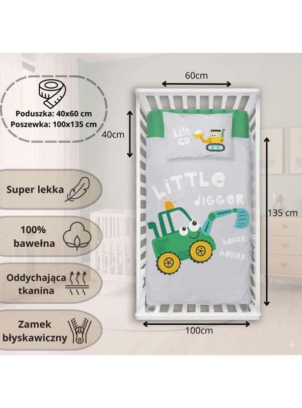 POŚCIEL DO ŁÓŻECZKA 100x135 ZIELONA KOPARKA 3956_A