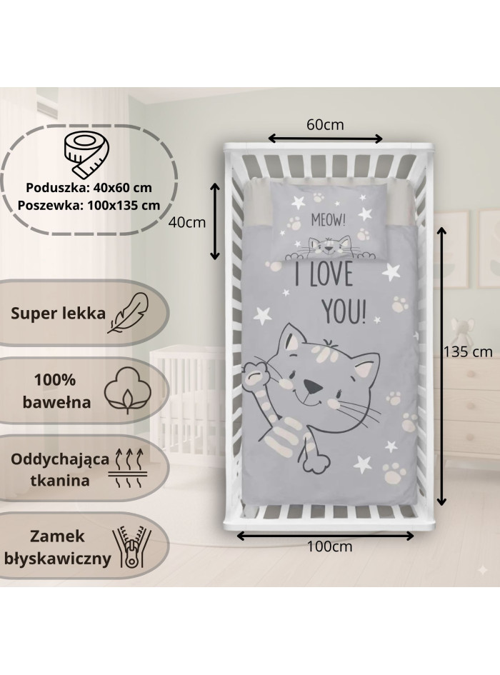 POŚCIEL DO ŁÓŻECZKA 100x135 KOTEK SZARY 4992_B