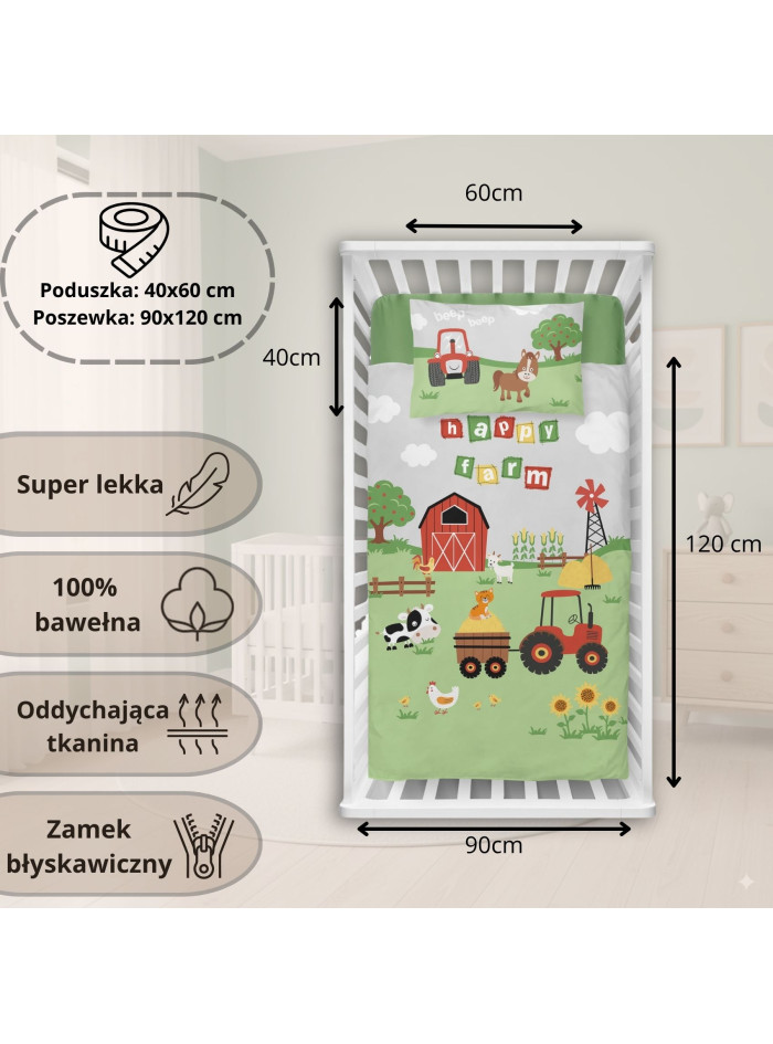 POŚCIEL DO ŁÓŻECZKA 90x120 FARMA CZERWONA TRAKTOR 4278_B