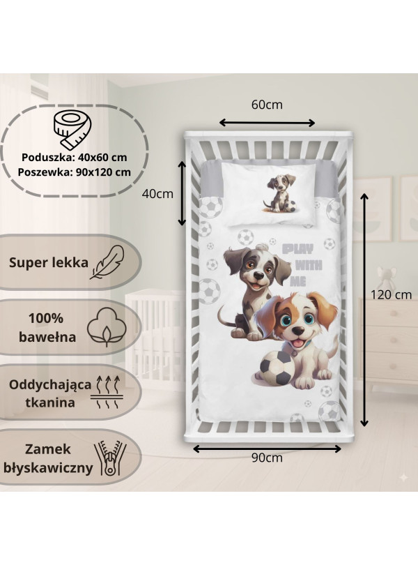 POŚCIEL DO ŁÓŻECZKA 90x120 SZARA PIŁKA NOŻNA PIESKI 5002_B