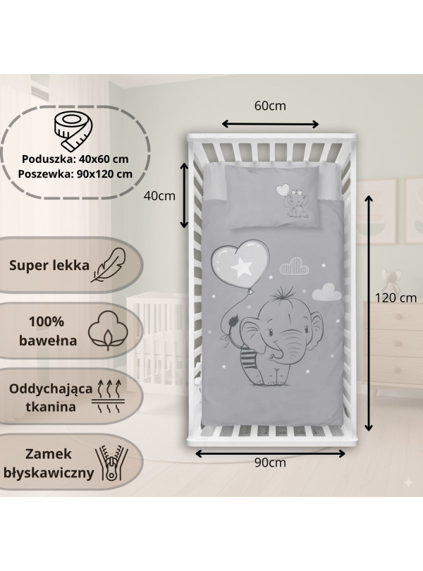 POŚCIEL DO ŁÓŻECZKA 90x120 SŁONIĄTKA SZARA