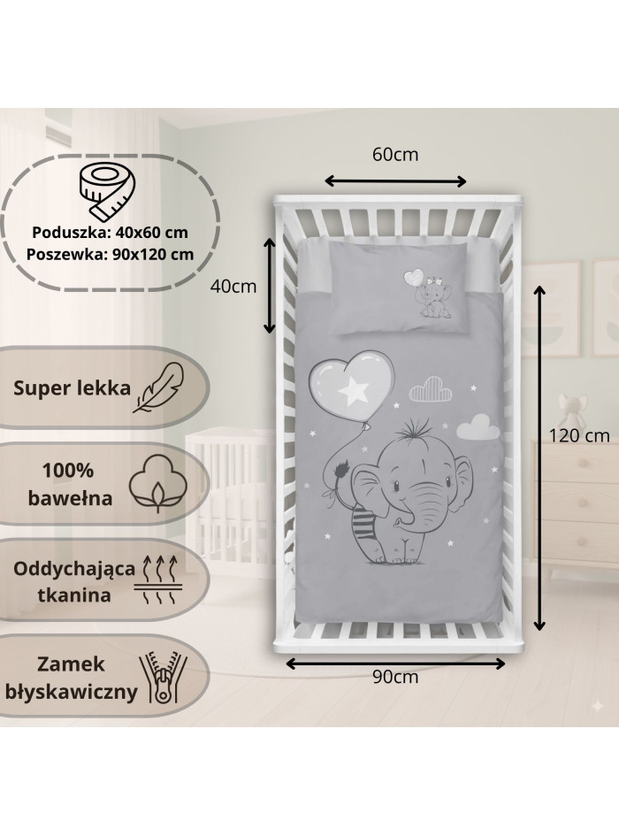 POŚCIEL DO ŁÓŻECZKA 90x120 SŁONIĄTKA SZARA
