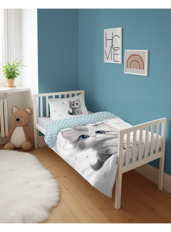 POŚCIEL DO ŁÓŻECZKA 100x135 KOT KOTEK NIEBIESKA 5518_A