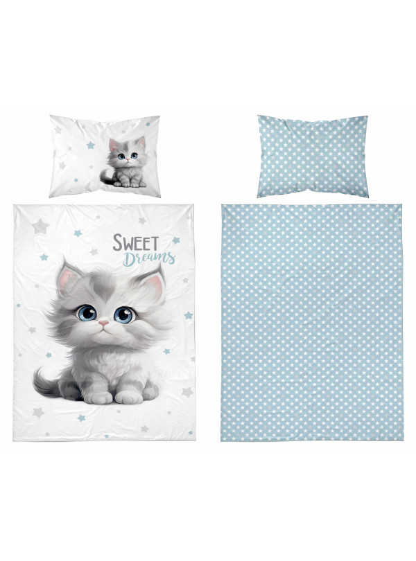 POŚCIEL DO ŁÓŻECZKA 100x135 KOT KOTEK NIEBIESKA 5518_A