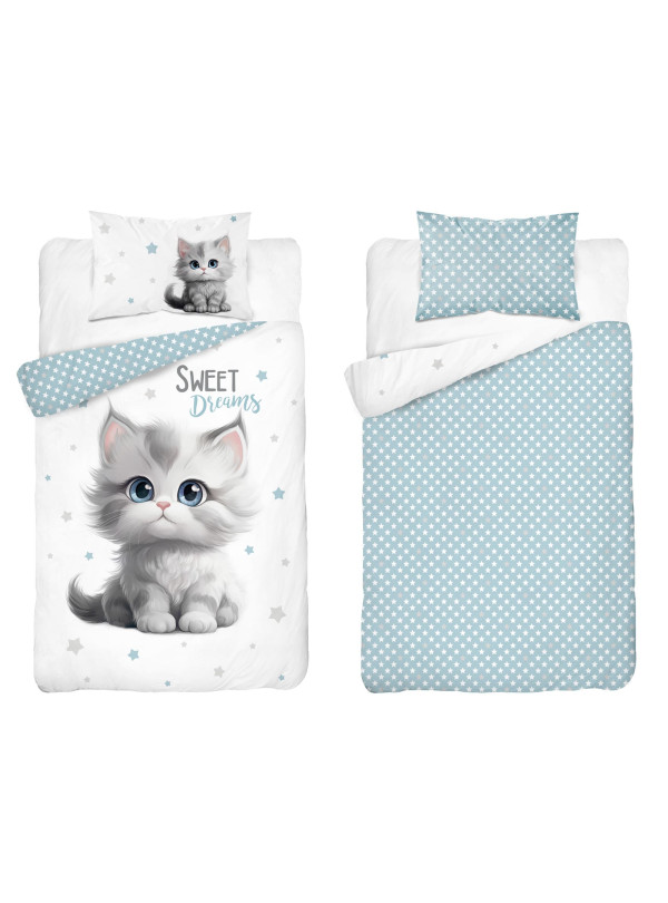 POŚCIEL DO ŁÓŻECZKA 90x120 KOT KOTEK NIEBIESKA 5518_A