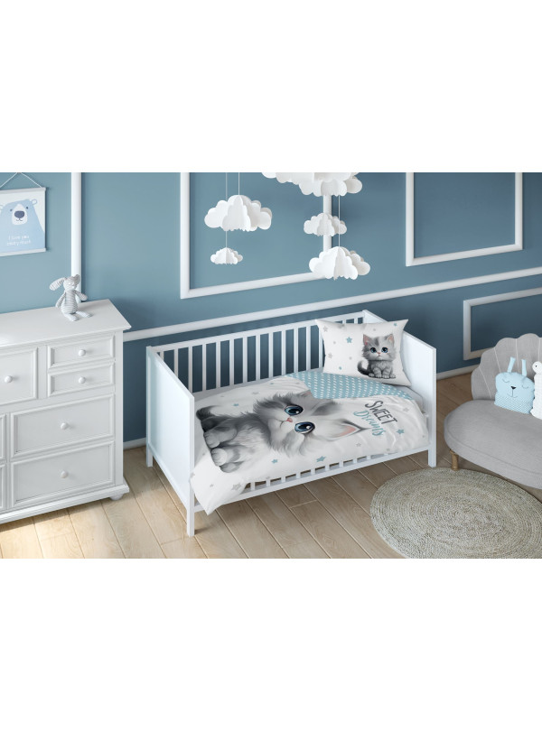 POŚCIEL DO ŁÓŻECZKA 90x120 KOT KOTEK NIEBIESKA 5518_A