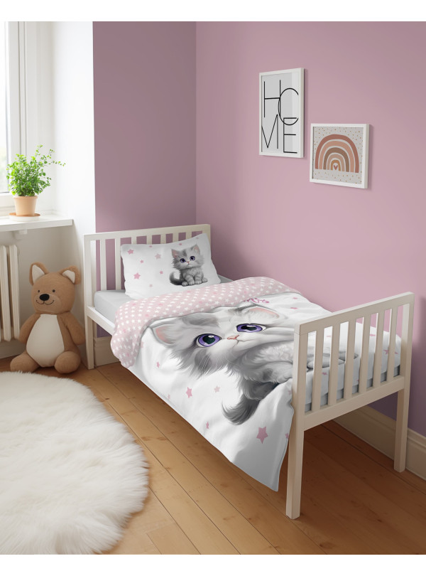 POŚCIEL DO ŁÓŻECZKA 90x120 KOT KOTEK RÓŻOWA 5518_B