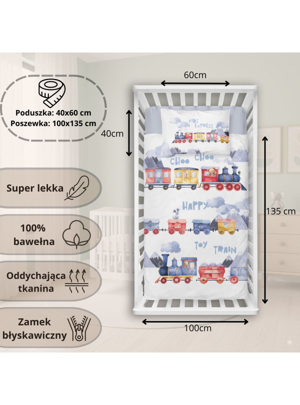 POŚCIEL DO ŁÓŻECZKA 100x135 POCIĄG LOKOMOTYWA 5507_A