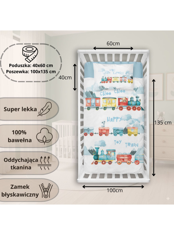 POŚCIEL DO ŁÓŻECZKA 100x135 POCIĄG LOKOMOTYWA 5507_B