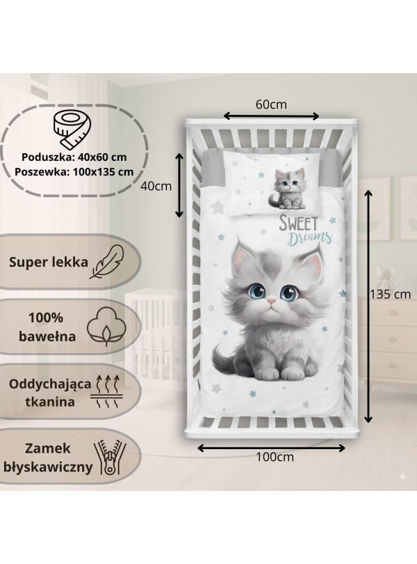 POŚCIEL DO ŁÓŻECZKA 100x135 KOT KOTEK NIEBIESKA 5518_A