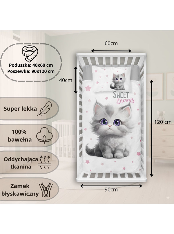 POŚCIEL DO ŁÓŻECZKA 90x120 KOT KOTEK NIEBIESKA 5518_A
