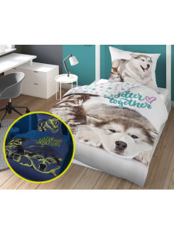 POŚCIEL 140x200 ŚWIECĄCA W CIEMNOŚCI PIES I KOT