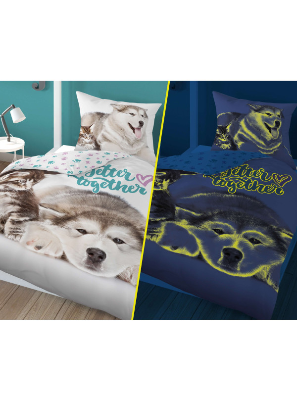 POŚCIEL 140x200 ŚWIECĄCA W CIEMNOŚCI PIES I KOT