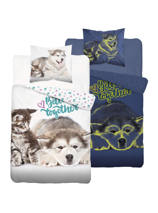 POŚCIEL 140x200 ŚWIECĄCA W CIEMNOŚCI PIES I KOT