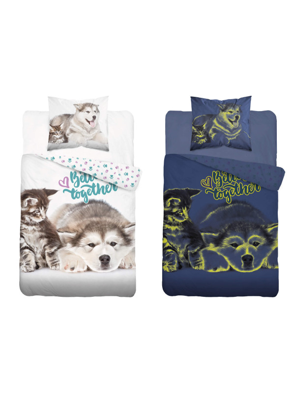 POŚCIEL 140x200 ŚWIECĄCA W CIEMNOŚCI PIES I KOT