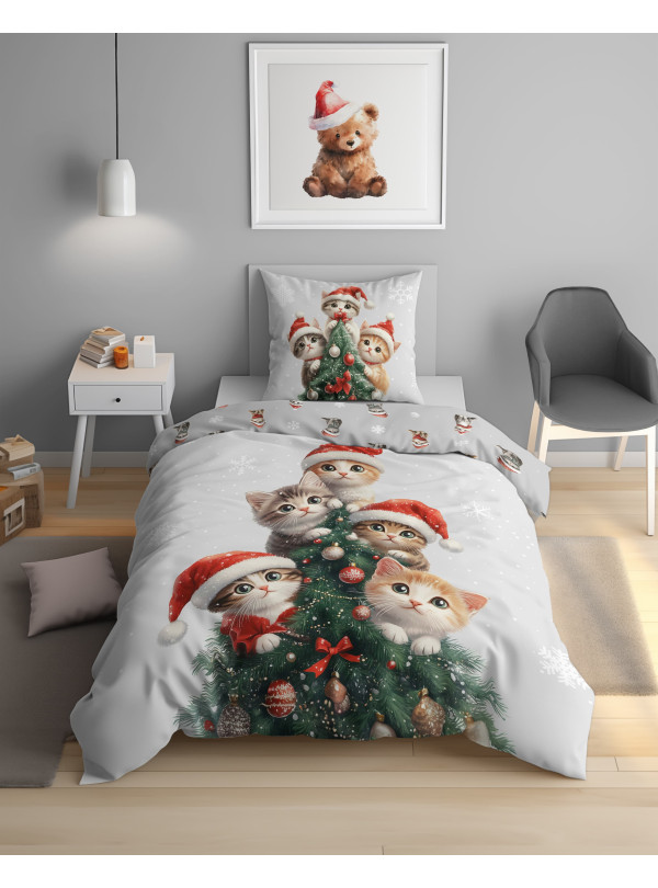 POŚCIEL ŚWIĄTECZNA 140x200 KOTKI CHOINKA 5867_A