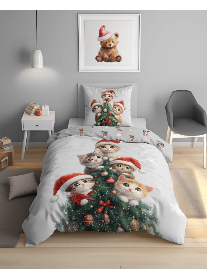 POŚCIEL ŚWIĄTECZNA 160x200 KOTKI CHOINKA 5867_A