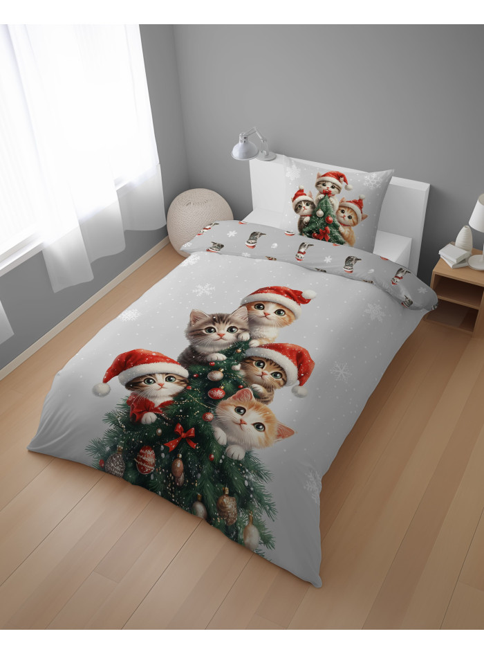 POŚCIEL ŚWIĄTECZNA 160x200 KOTKI CHOINKA 5867_A