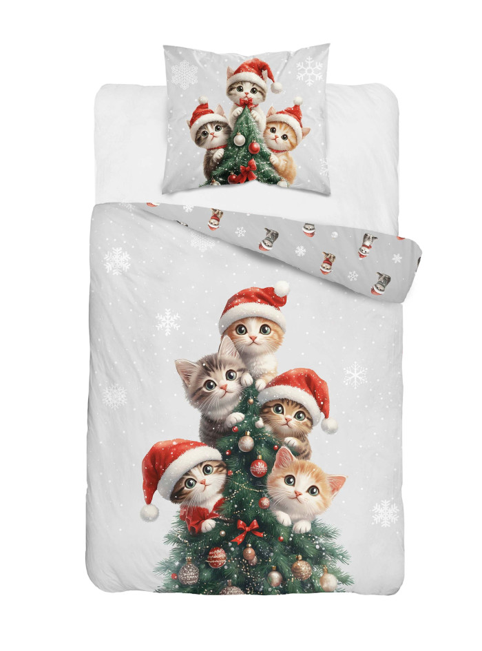 POŚCIEL ŚWIĄTECZNA 160x200 KOTKI CHOINKA 5867_A