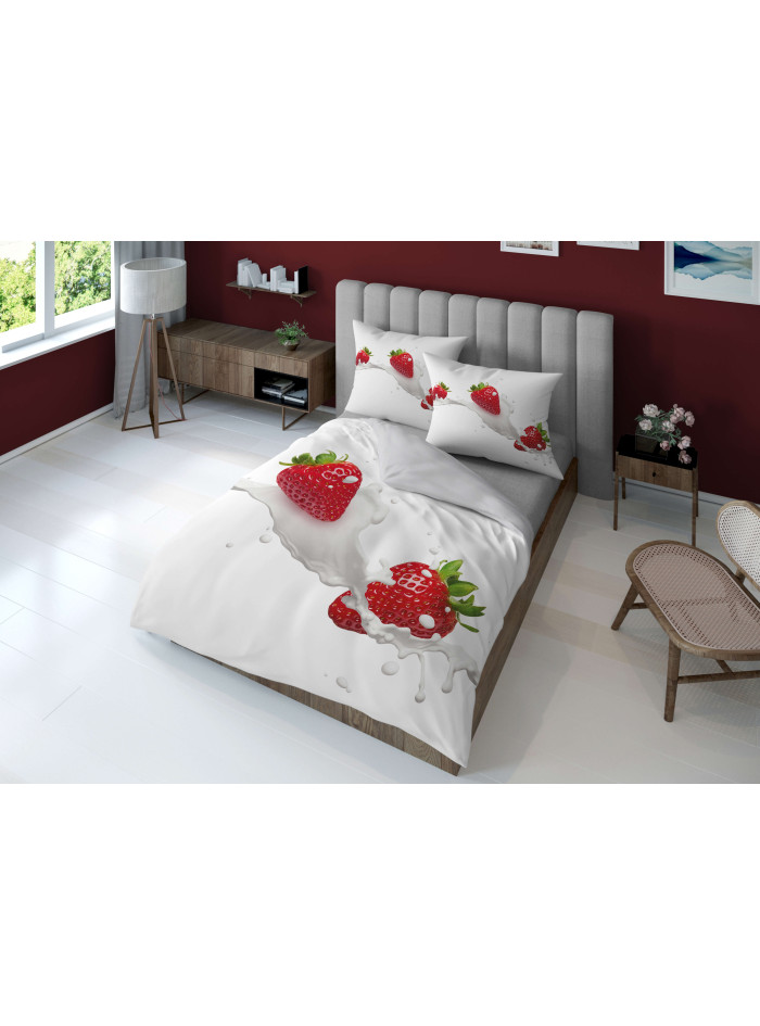 KOMPLET POŚCIELI 160x200 DWUSTRONNA 3D TRUSKAWKI