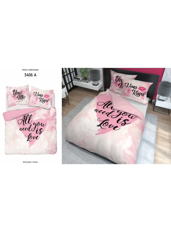 POŚCIEL BAWEŁNIANA 160x200 RÓŻOWA SERCA I CAŁUSY