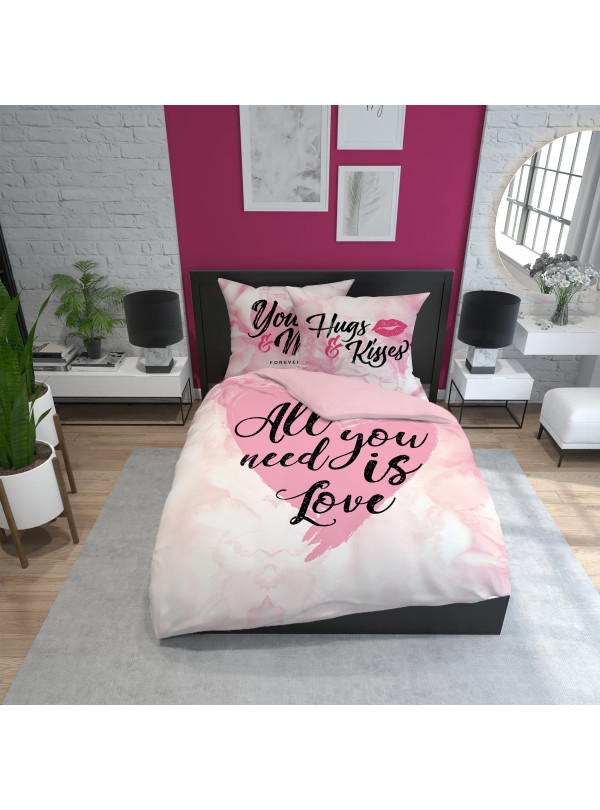 POŚCIEL BAWEŁNIANA 160x200 RÓŻOWA SERCA I CAŁUSY