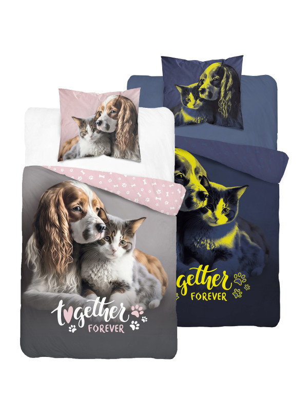 KOMPLET POŚCIELI POŚCIEL 140x200 ŚWIECĄCA W CIEMNOŚCI PIES I KOT