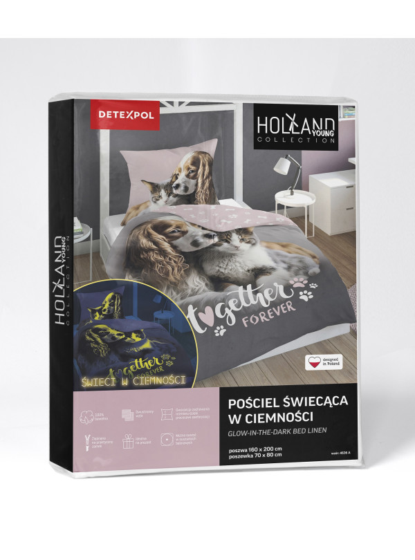 KOMPLET POŚCIELI POŚCIEL 140x200 ŚWIECĄCA W CIEMNOŚCI PIES I KOT