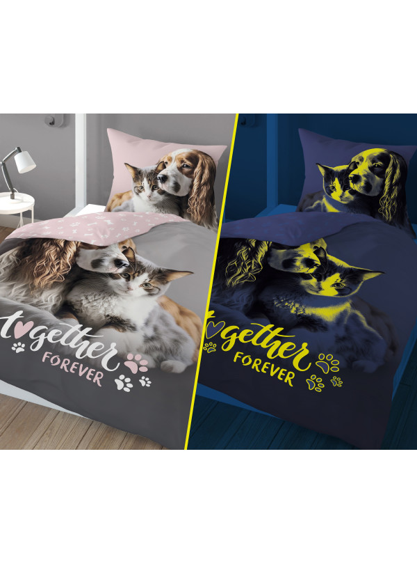 KOMPLET POŚCIELI POŚCIEL 160x200 ŚWIECĄCA W CIEMNOŚCI PIES I KOT