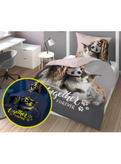 KOMPLET POŚCIELI POŚCIEL 160x200 ŚWIECĄCA W CIEMNOŚCI PIES I KOT