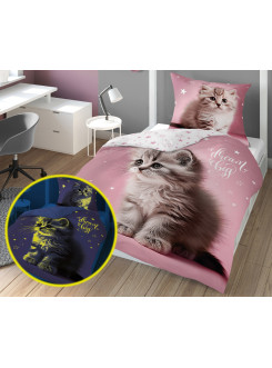 KOMPLET POŚCIELI POŚCIEL 140x200 ŚWIECĄCA W CIEMNOŚCI KOT 4637_A