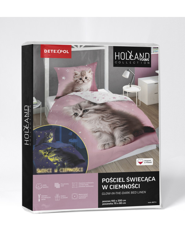 KOMPLET POŚCIELI POŚCIEL 140x200 ŚWIECĄCA W CIEMNOŚCI KOT 4637_A