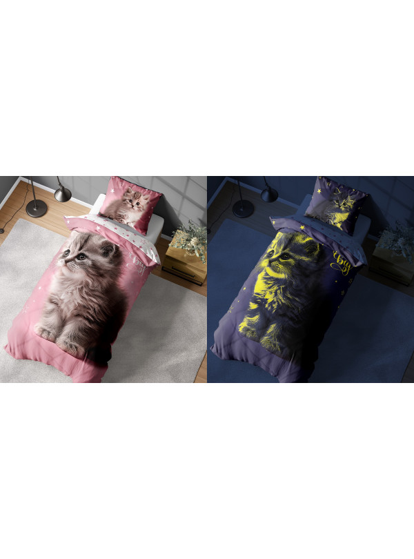 KOMPLET POŚCIELI POŚCIEL 160x200 ŚWIECĄCA W CIEMNOŚCI KOT 4637_A